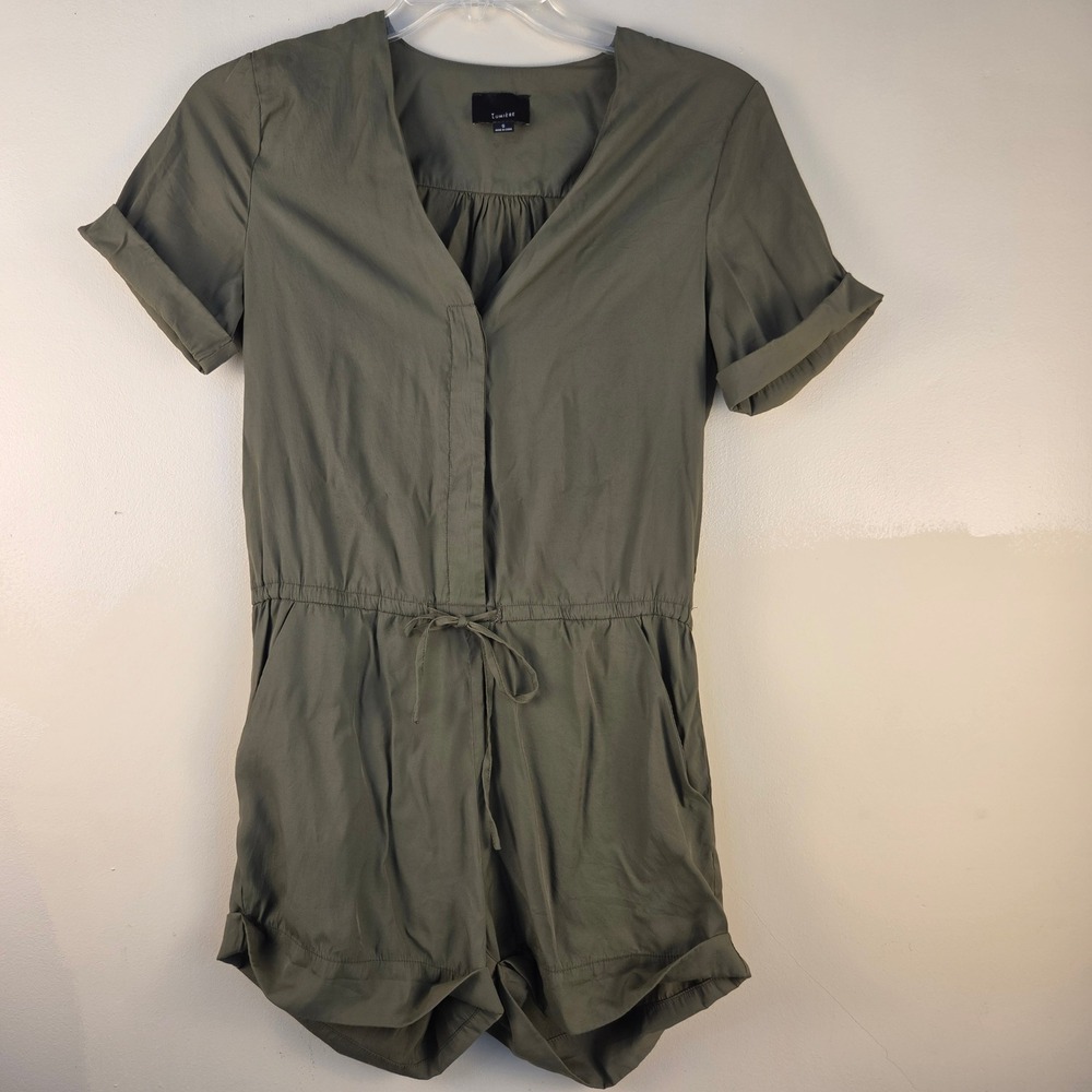 Lumiere Womens Short Sleeve Utility Romper Olive Green Drawstring Waist Small